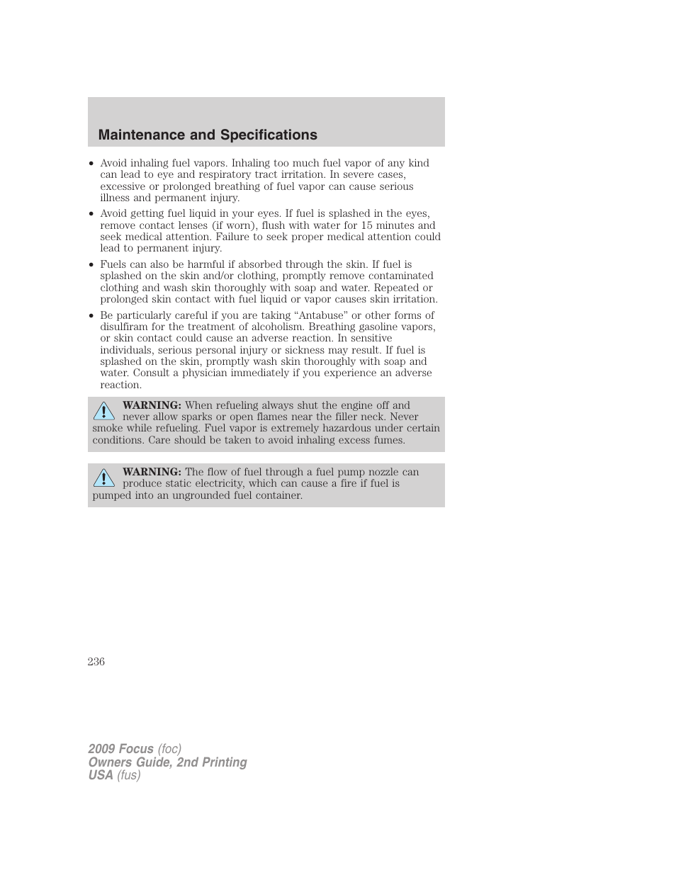 Maintenance and specifications | FORD 2009 Focus v.2 User Manual | Page 236 / 265