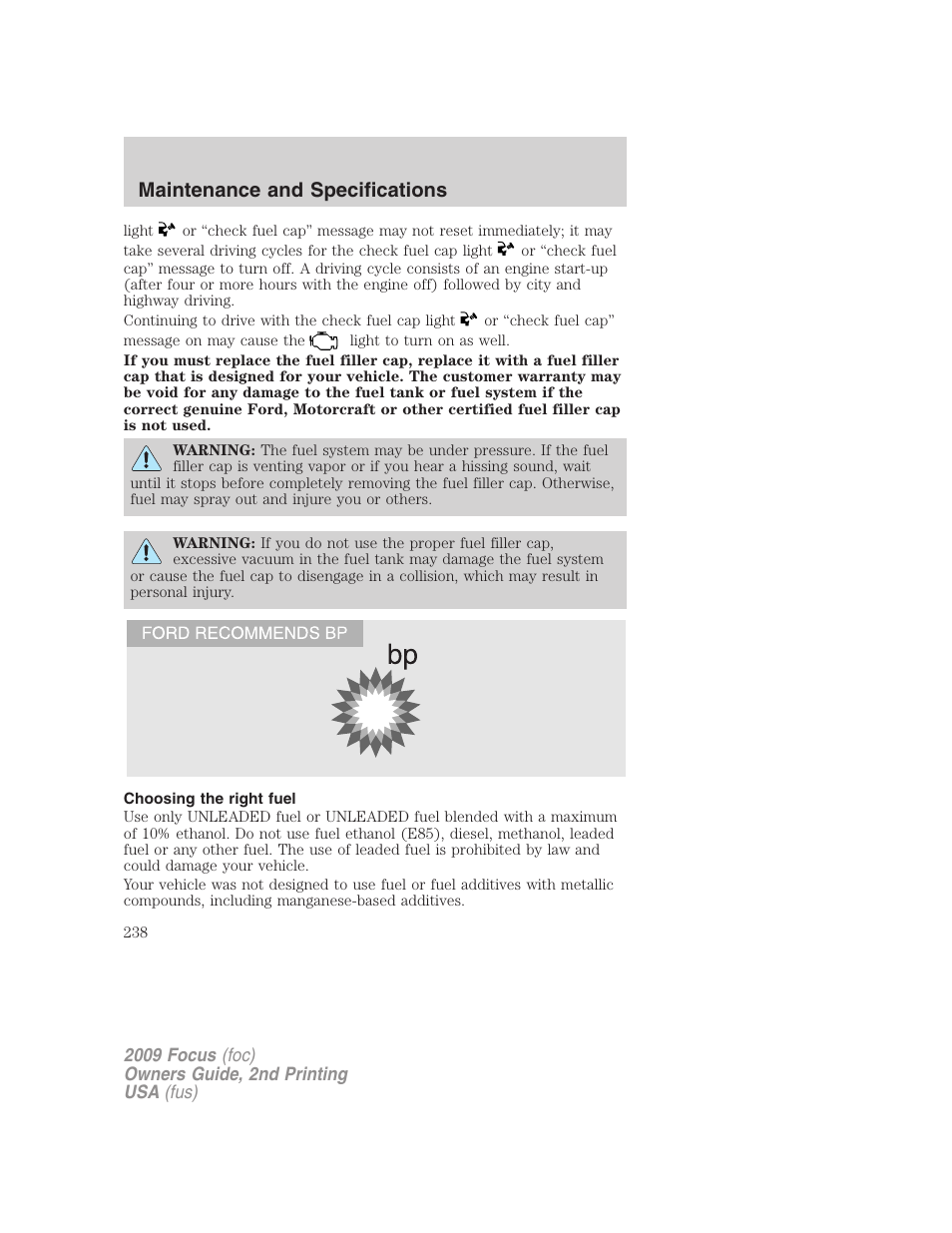 Choosing the right fuel, Maintenance and specifications | FORD 2009 Focus v.2 User Manual | Page 238 / 265
