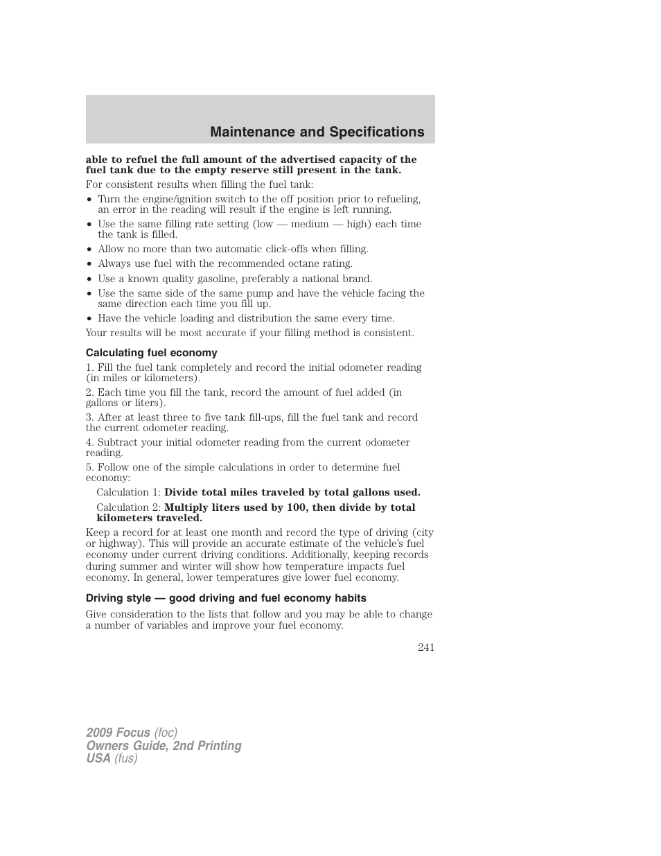 Calculating fuel economy, Maintenance and specifications | FORD 2009 Focus v.2 User Manual | Page 241 / 265