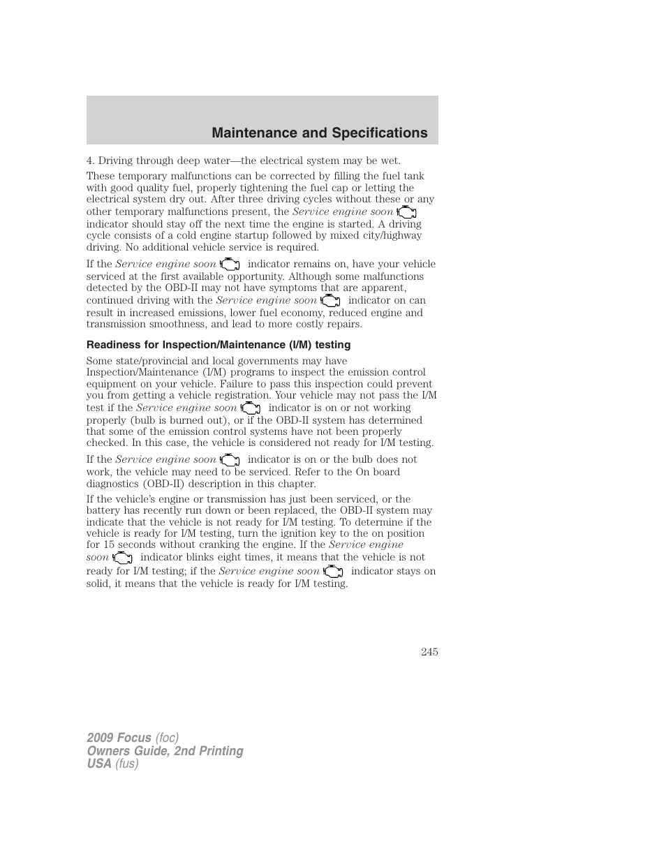 Readiness for inspection/maintenance (i/m) testing, Maintenance and specifications | FORD 2009 Focus v.2 User Manual | Page 245 / 265