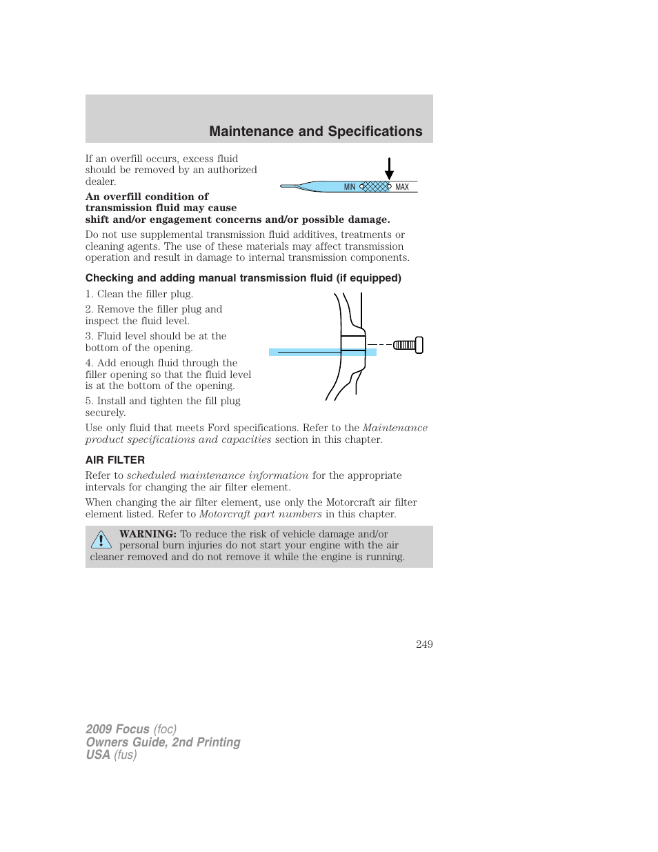 Air filter, Air filter(s), Maintenance and specifications | FORD 2009 Focus v.2 User Manual | Page 249 / 265