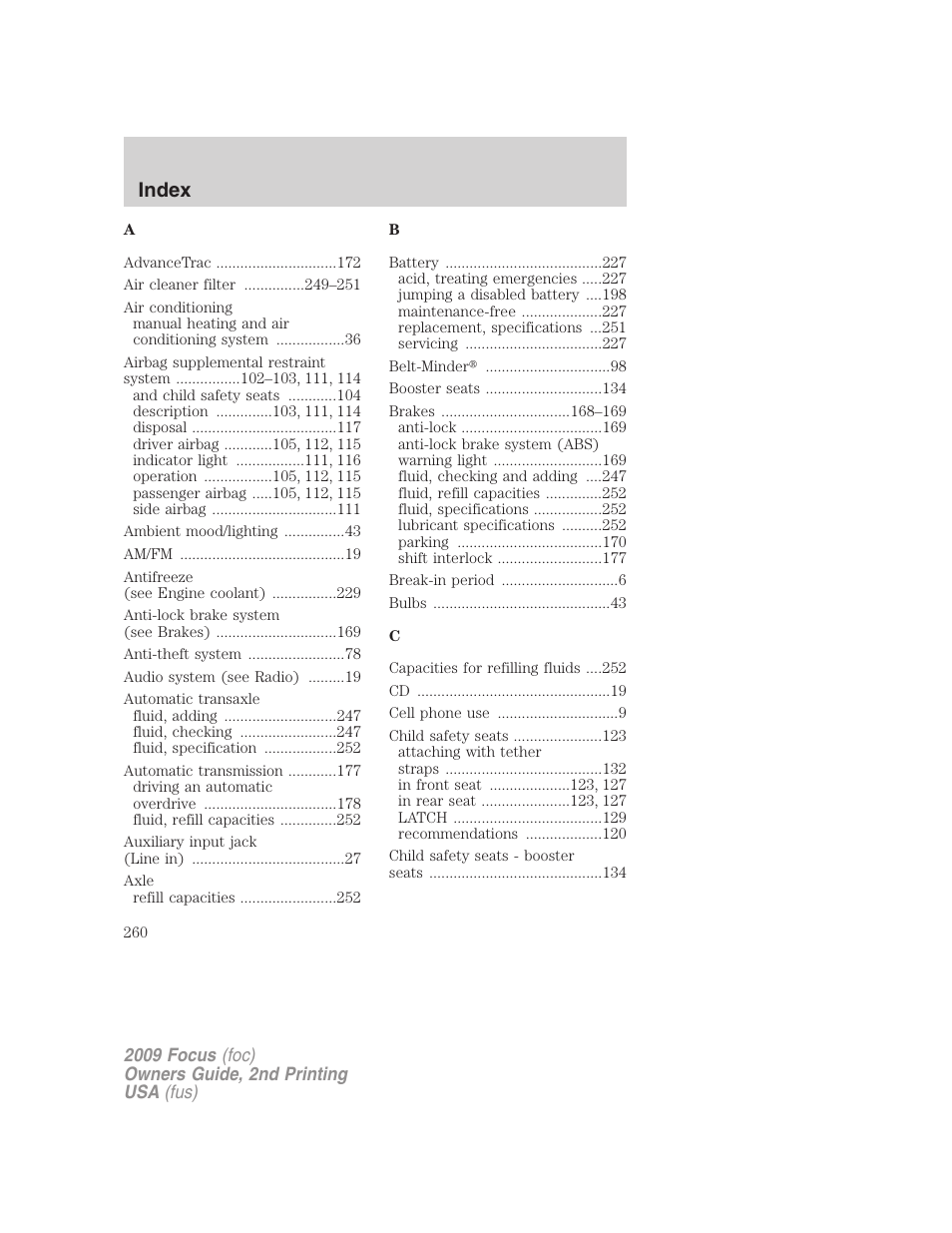 Index | FORD 2009 Focus v.2 User Manual | Page 260 / 265