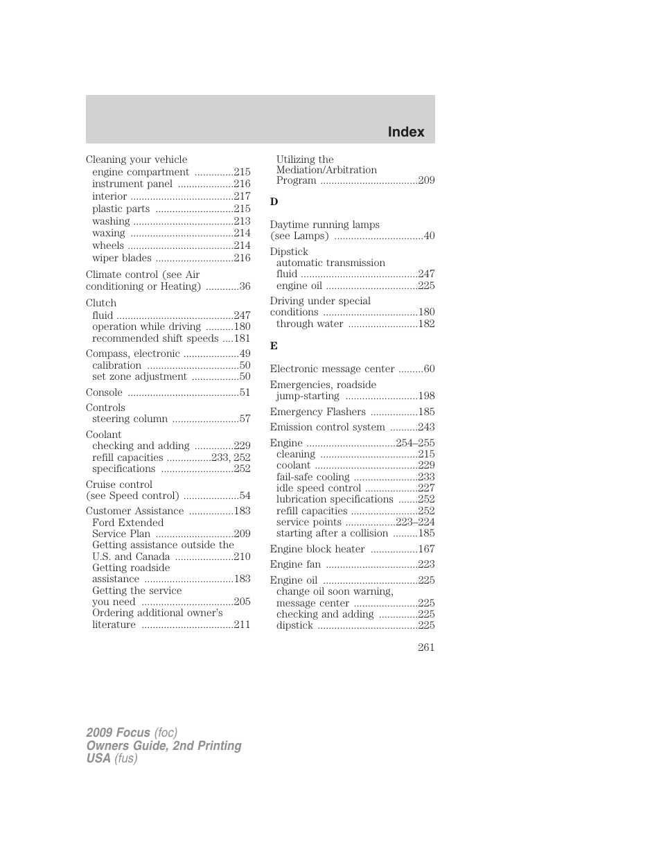 Index | FORD 2009 Focus v.2 User Manual | Page 261 / 265