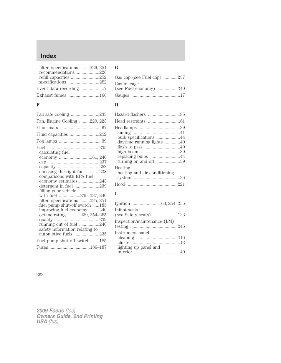 Index | FORD 2009 Focus v.2 User Manual | Page 262 / 265