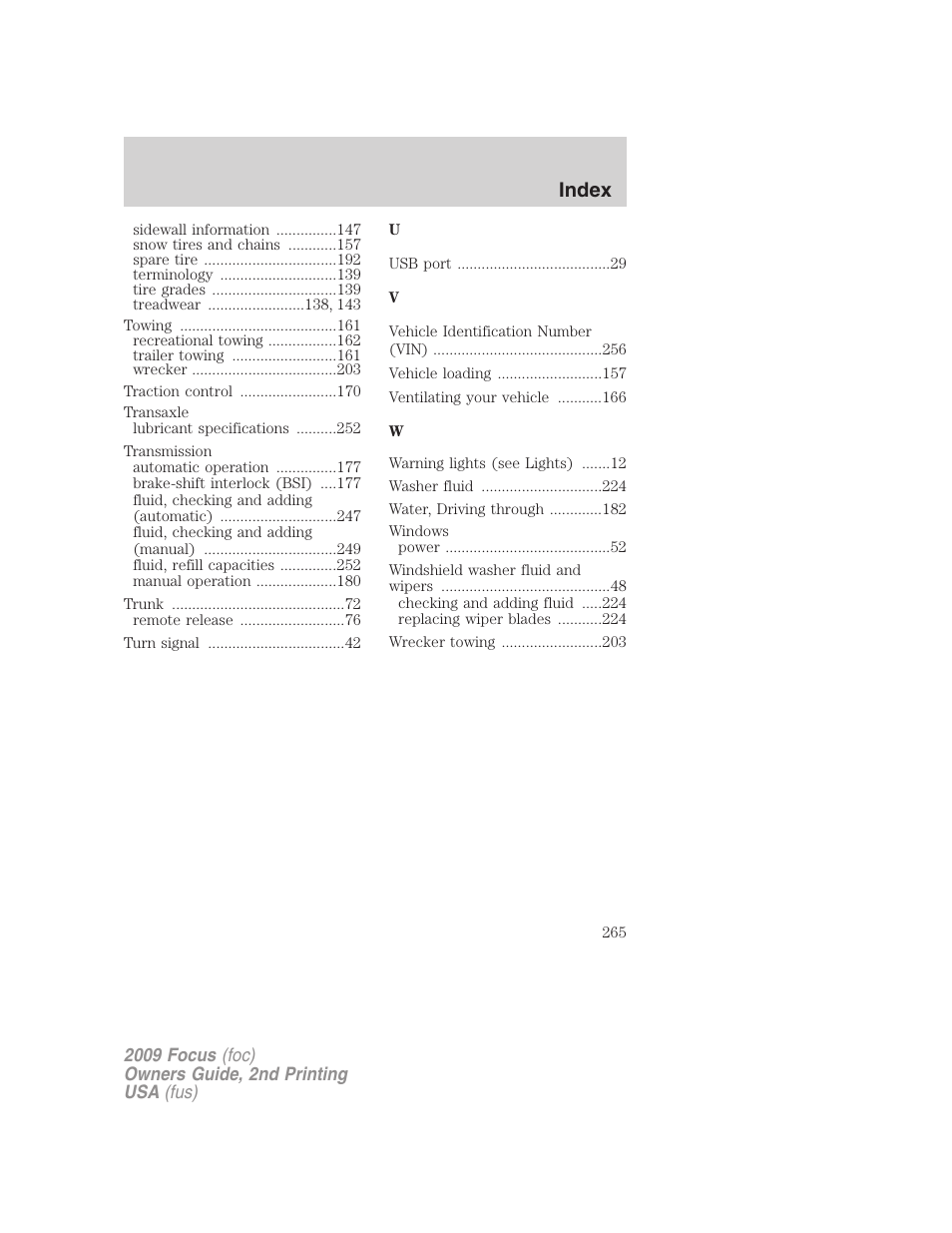 Index | FORD 2009 Focus v.2 User Manual | Page 265 / 265