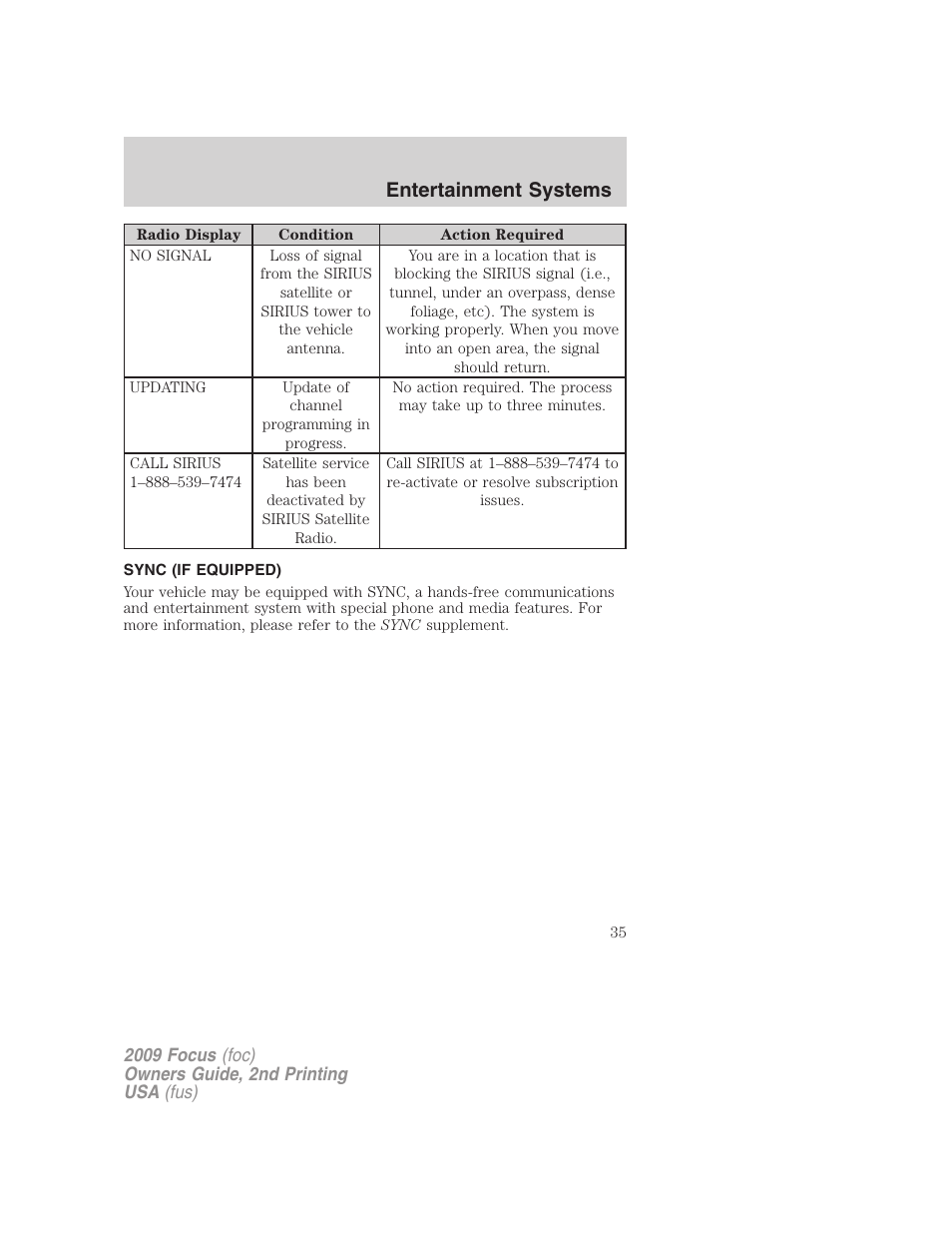 Sync (if equipped), Sync, Entertainment systems | FORD 2009 Focus v.2 User Manual | Page 35 / 265