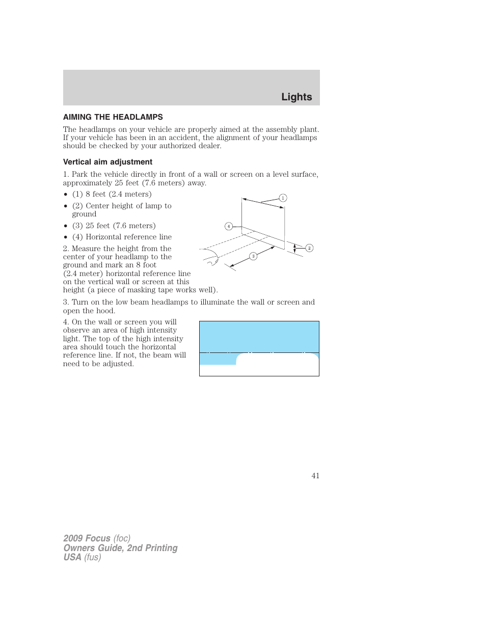 Aiming the headlamps, Vertical aim adjustment, Lights | FORD 2009 Focus v.2 User Manual | Page 41 / 265