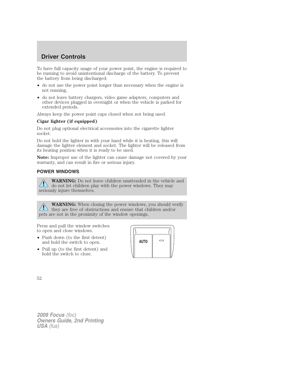 Power windows, Driver controls | FORD 2009 Focus v.2 User Manual | Page 52 / 265