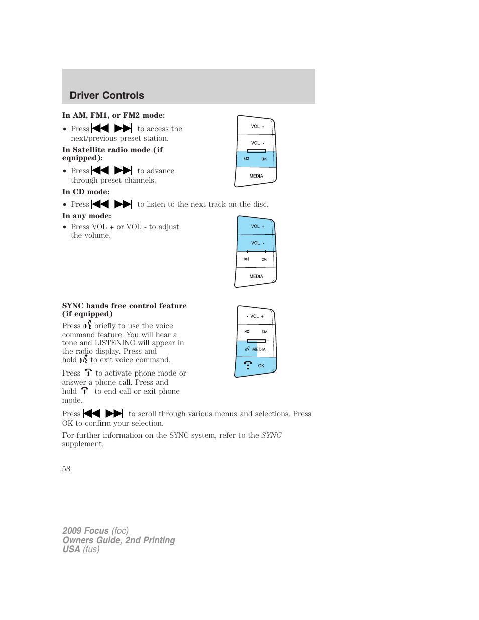 Driver controls | FORD 2009 Focus v.2 User Manual | Page 58 / 265