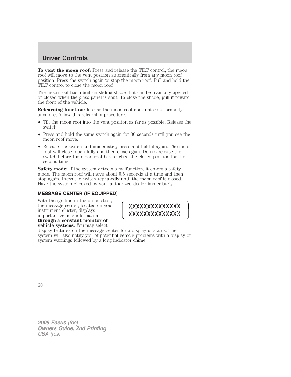 Message center (if equipped), Message center, Driver controls | FORD 2009 Focus v.2 User Manual | Page 60 / 265
