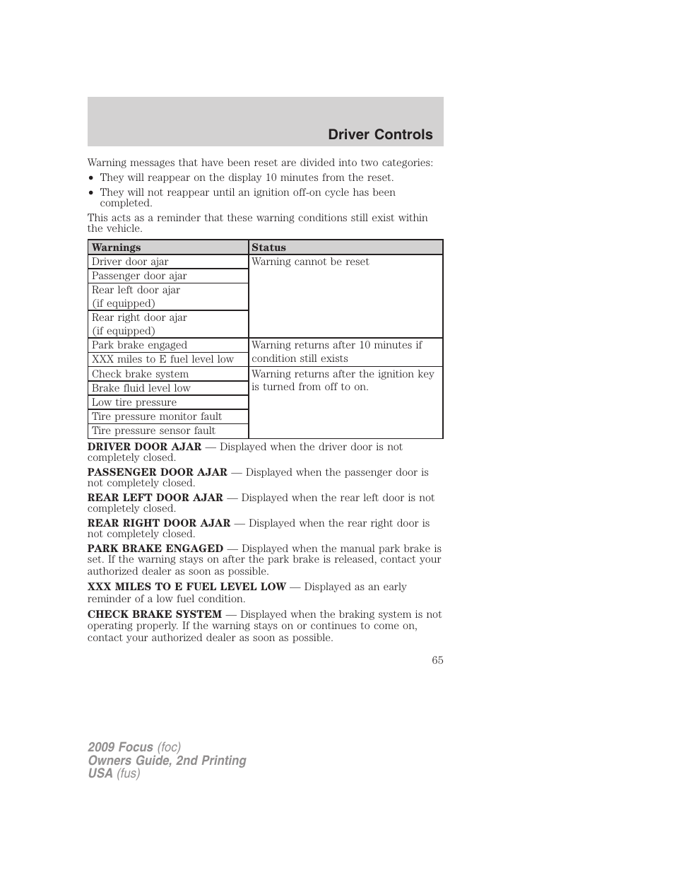 Driver controls | FORD 2009 Focus v.2 User Manual | Page 65 / 265