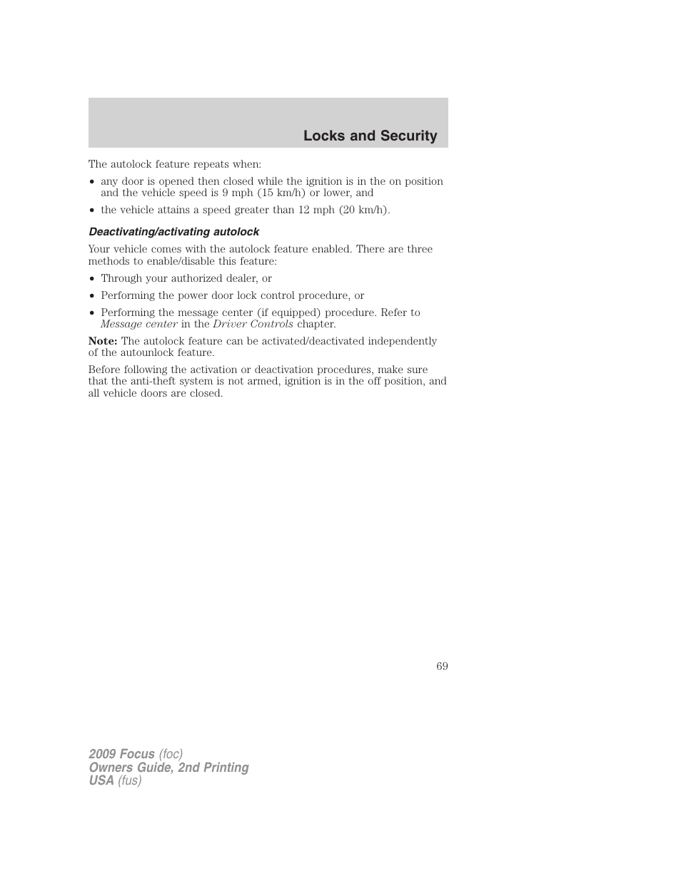 Deactivating/activating autolock, Locks and security | FORD 2009 Focus v.2 User Manual | Page 69 / 265