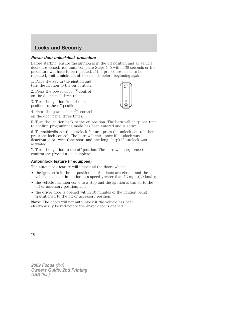 Power door unlock/lock procedure, Autounlock feature (if equipped), Locks and security | FORD 2009 Focus v.2 User Manual | Page 70 / 265