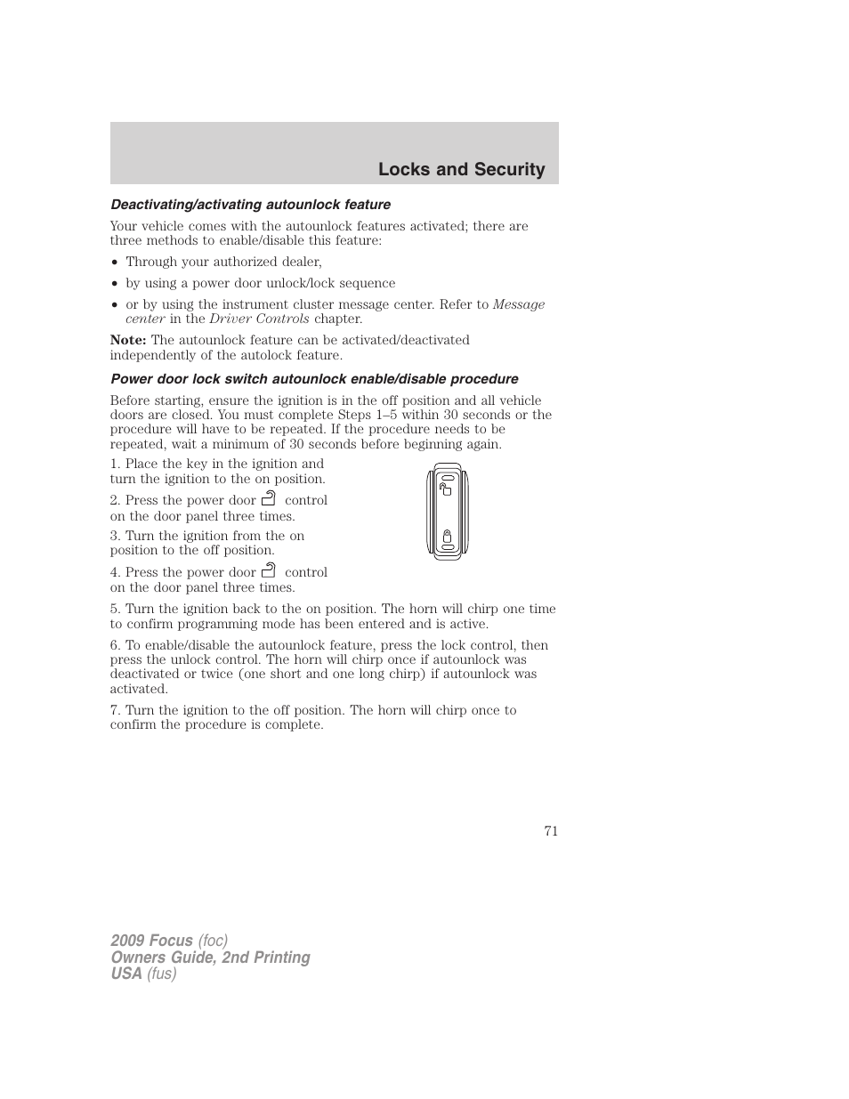 Deactivating/activating autounlock feature, Locks and security | FORD 2009 Focus v.2 User Manual | Page 71 / 265