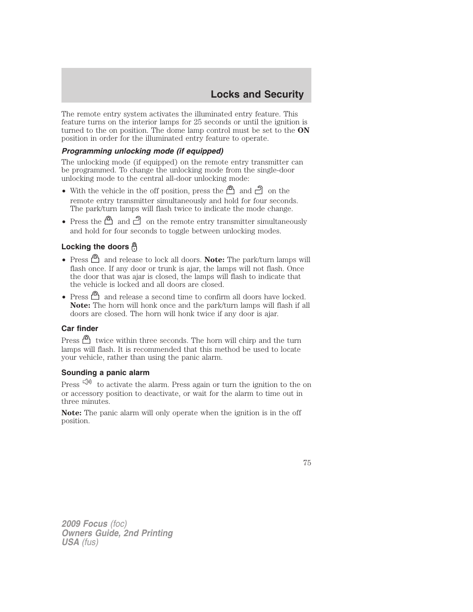 Programming unlocking mode (if equipped), Locking the doors, Car finder | Sounding a panic alarm, Locks and security | FORD 2009 Focus v.2 User Manual | Page 75 / 265