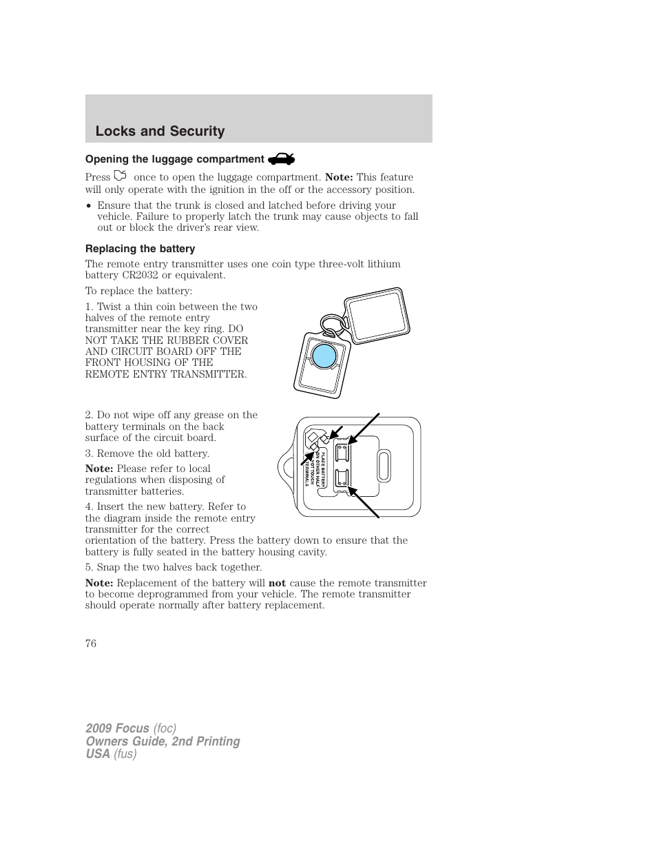 Opening the luggage compartment, Replacing the battery, Locks and security | FORD 2009 Focus v.2 User Manual | Page 76 / 265