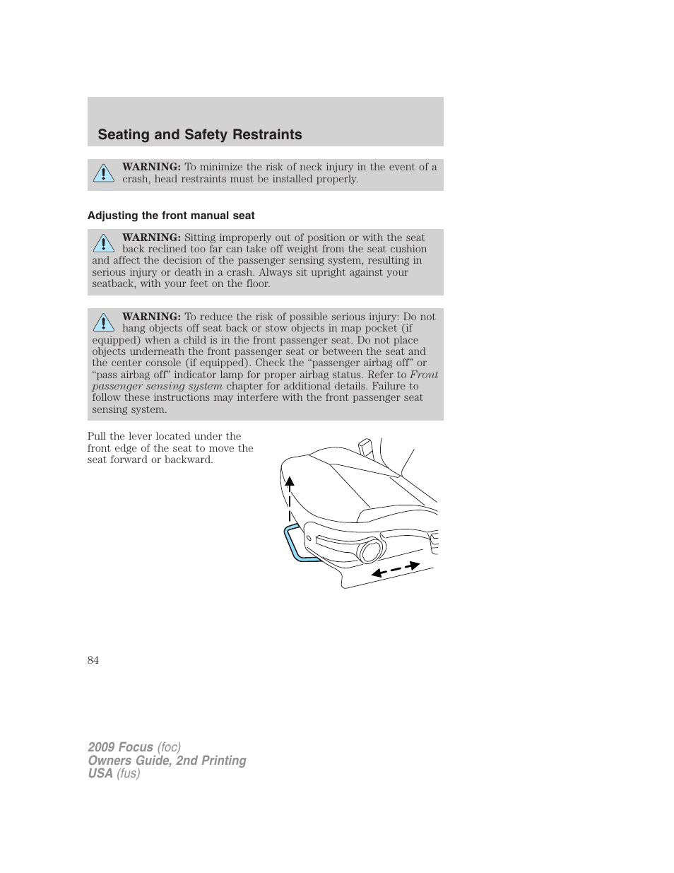 Adjusting the front manual seat, Seating and safety restraints | FORD 2009 Focus v.2 User Manual | Page 84 / 265