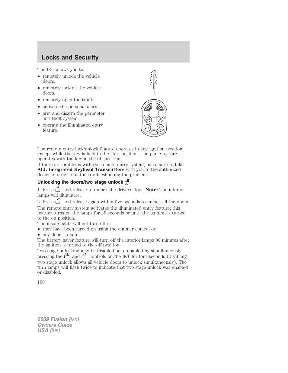 Unlocking the doors/two stage unlock, Locks and security | FORD 2009 Fusion v.1 User Manual | Page 100 / 312