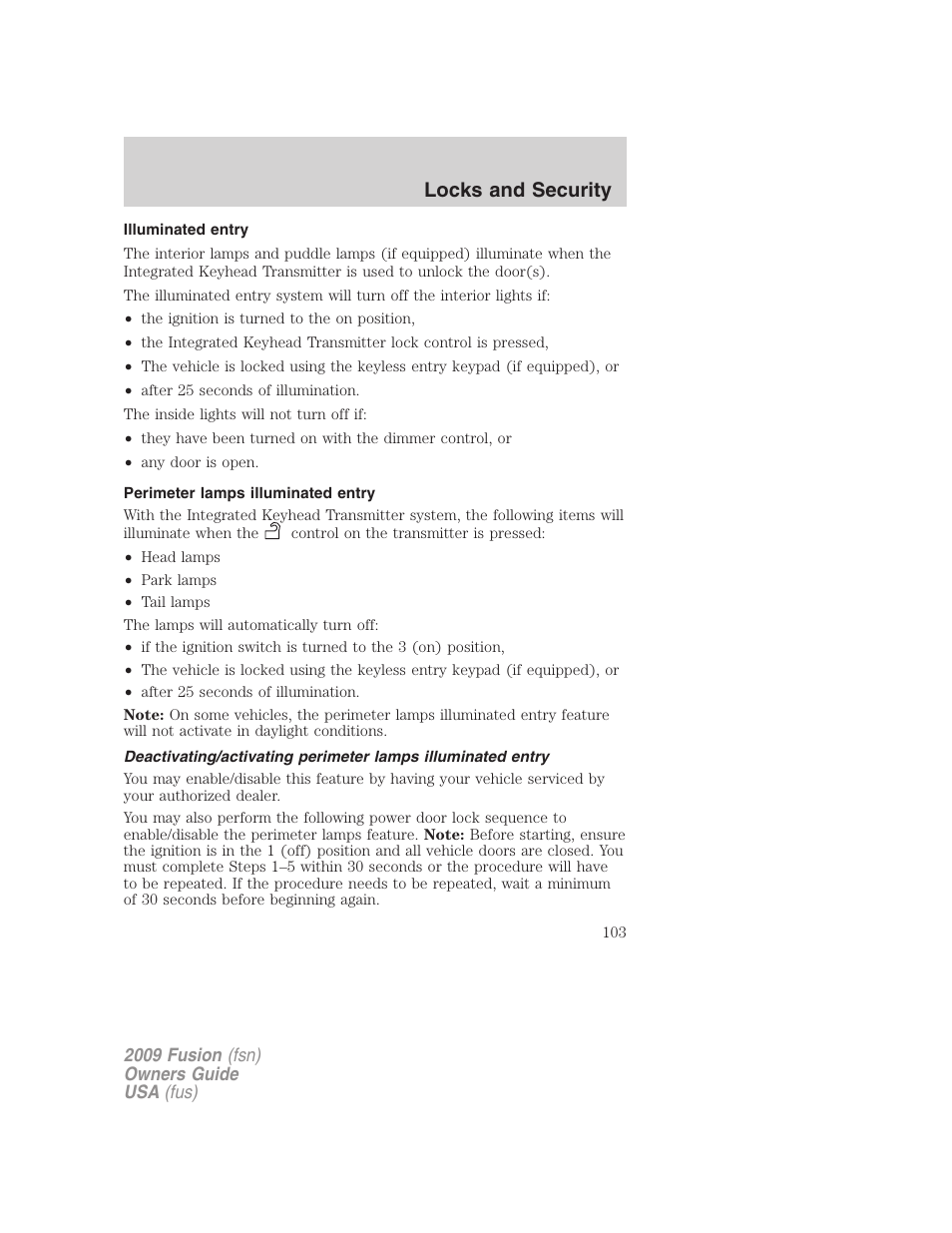 Illuminated entry, Perimeter lamps illuminated entry, Locks and security | FORD 2009 Fusion v.1 User Manual | Page 103 / 312