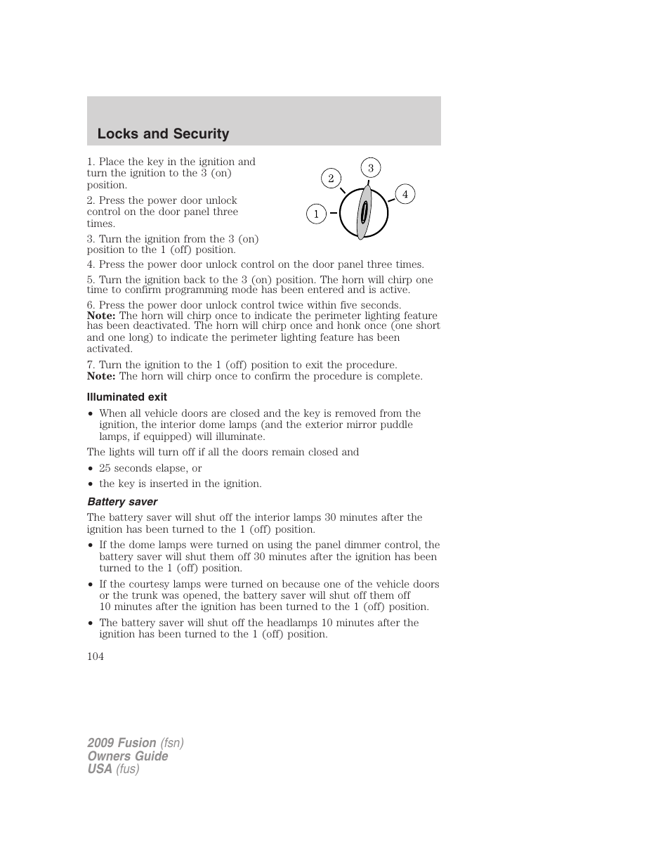 Illuminated exit, Battery saver, Locks and security | FORD 2009 Fusion v.1 User Manual | Page 104 / 312