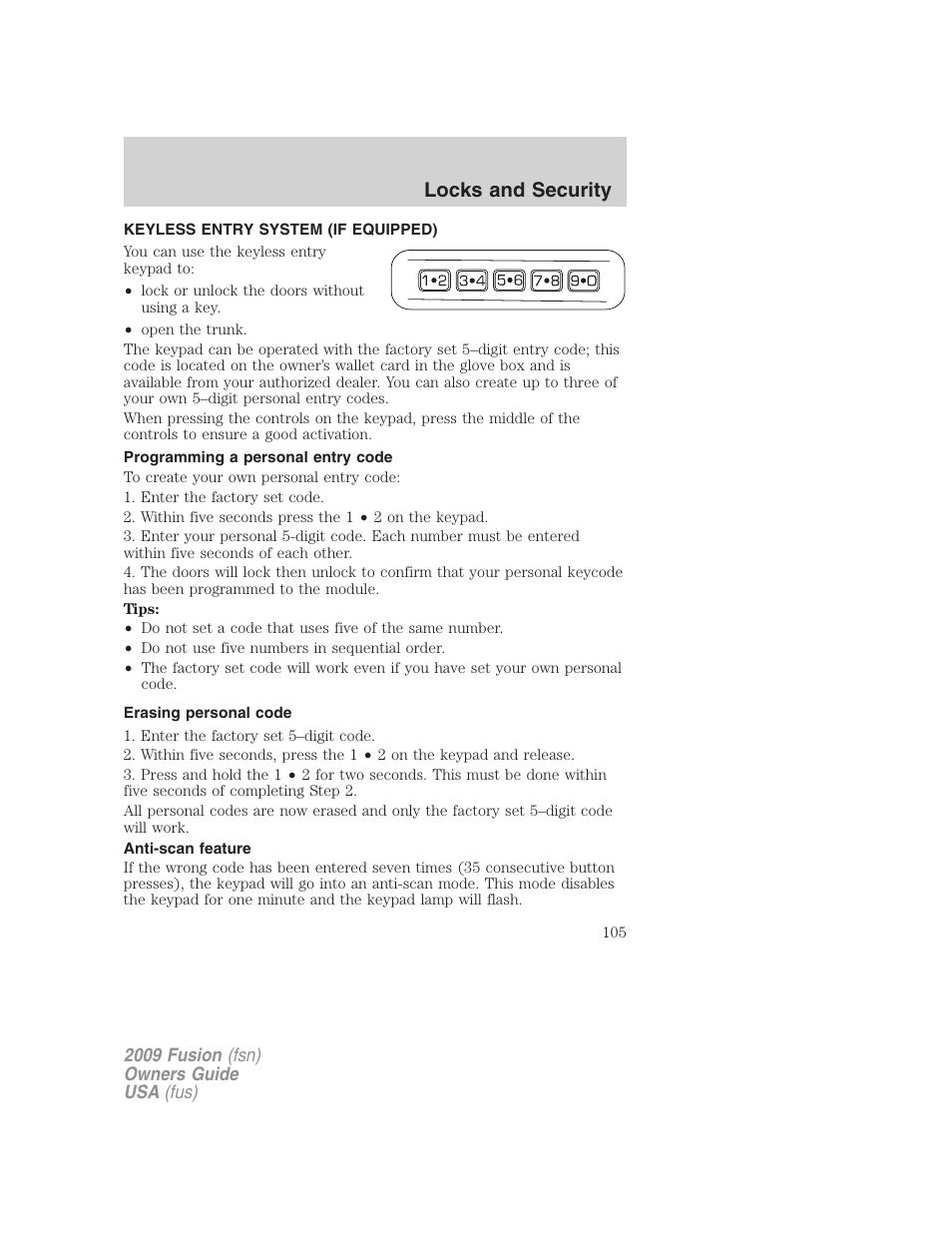 Keyless entry system (if equipped), Programming a personal entry code, Erasing personal code | Anti-scan feature, Locks and security | FORD 2009 Fusion v.1 User Manual | Page 105 / 312