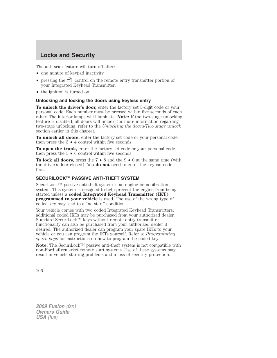 Securilock™ passive anti-theft system, Anti-theft system, Locks and security | FORD 2009 Fusion v.1 User Manual | Page 106 / 312