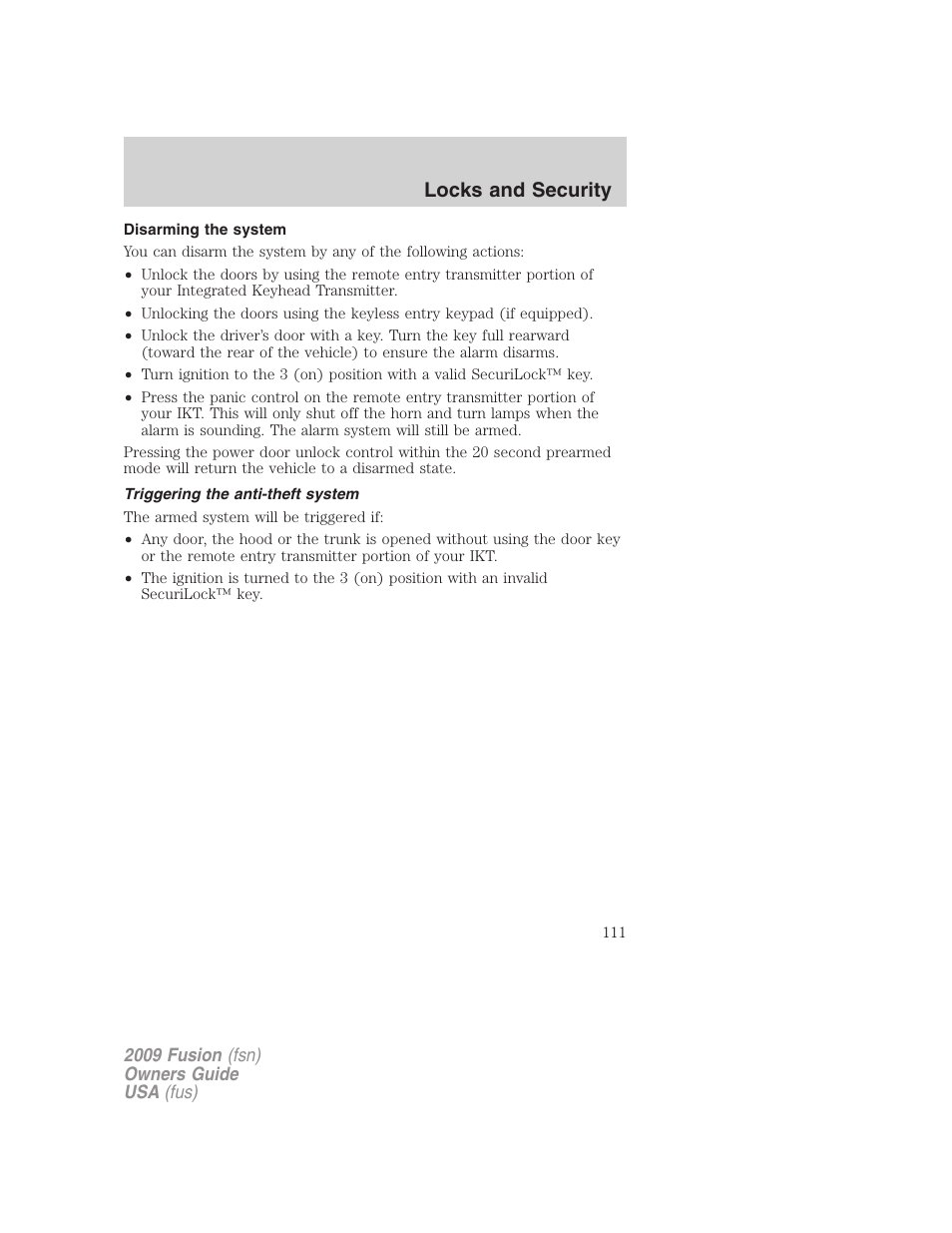 Disarming the system, Triggering the anti-theft system, Locks and security | FORD 2009 Fusion v.1 User Manual | Page 111 / 312