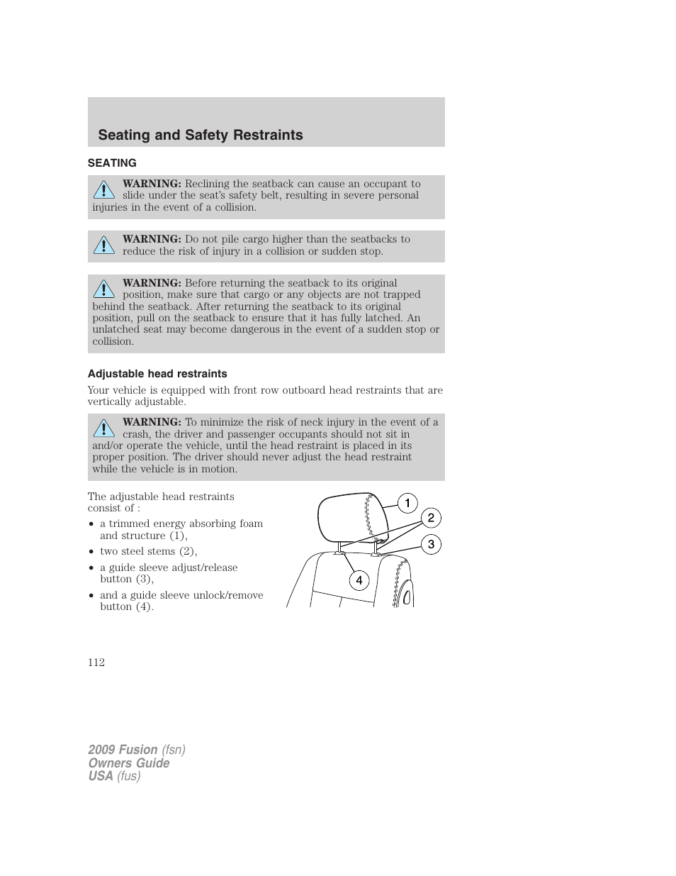 Seating and safety restraints, Seating, Adjustable head restraints | FORD 2009 Fusion v.1 User Manual | Page 112 / 312