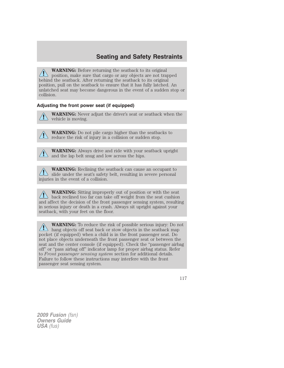 Adjusting the front power seat (if equipped), Seating and safety restraints | FORD 2009 Fusion v.1 User Manual | Page 117 / 312