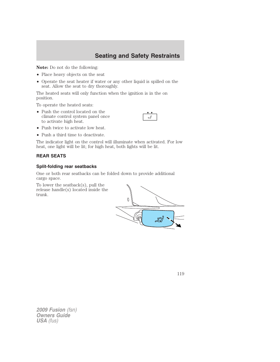 Rear seats, Split-folding rear seatbacks, Seating and safety restraints | FORD 2009 Fusion v.1 User Manual | Page 119 / 312