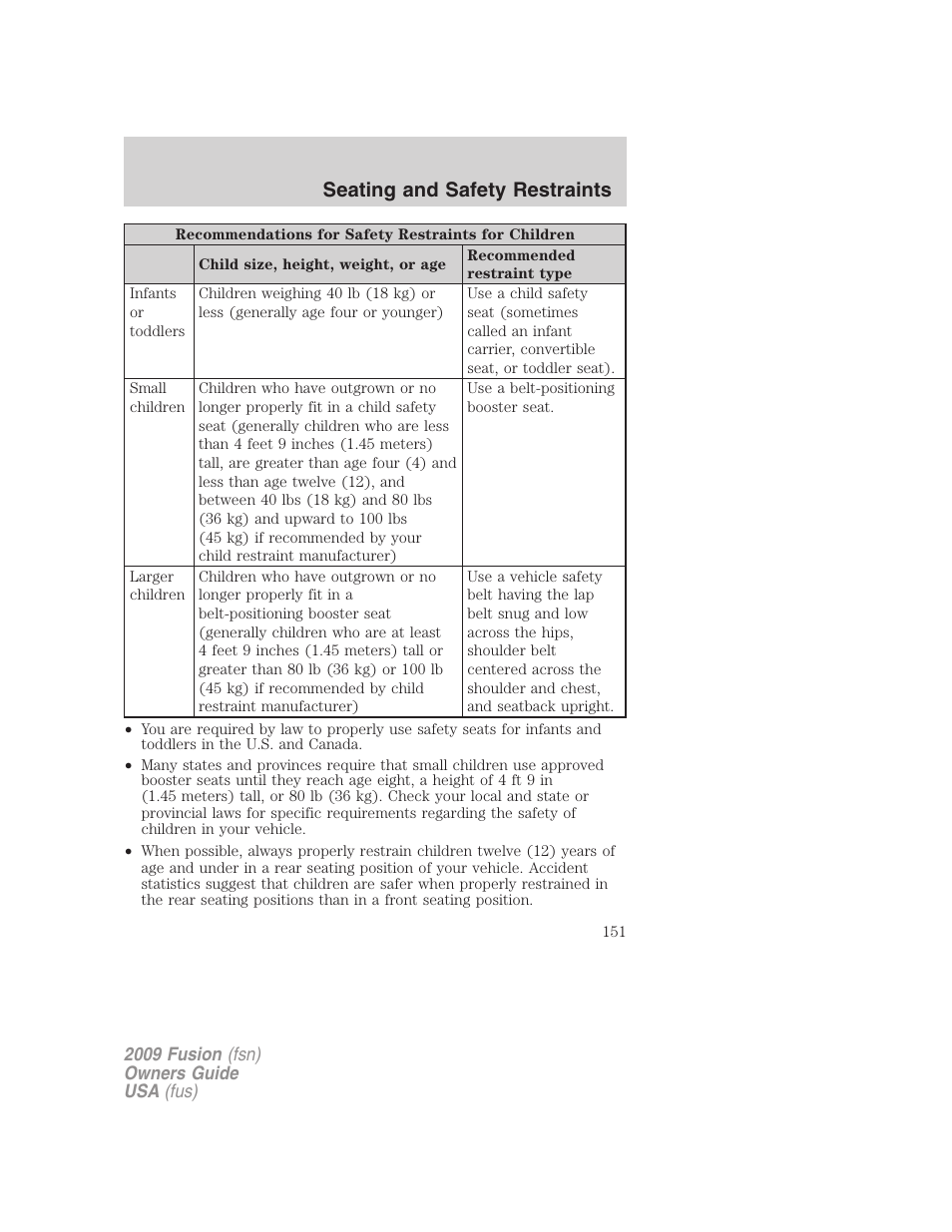 Seating and safety restraints | FORD 2009 Fusion v.1 User Manual | Page 151 / 312