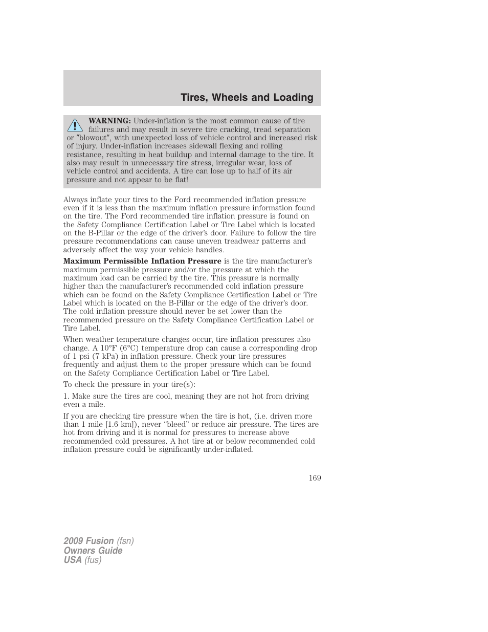 Tires, wheels and loading | FORD 2009 Fusion v.1 User Manual | Page 169 / 312