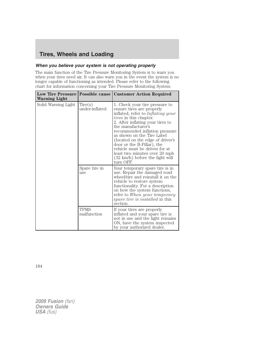 Tires, wheels and loading | FORD 2009 Fusion v.1 User Manual | Page 184 / 312