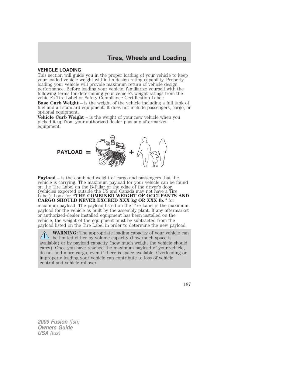 Vehicle loading, Tires, wheels and loading | FORD 2009 Fusion v.1 User Manual | Page 187 / 312