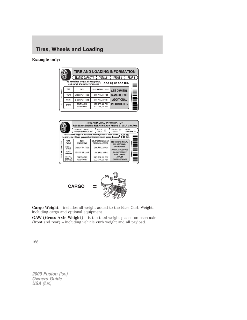 Tires, wheels and loading | FORD 2009 Fusion v.1 User Manual | Page 188 / 312