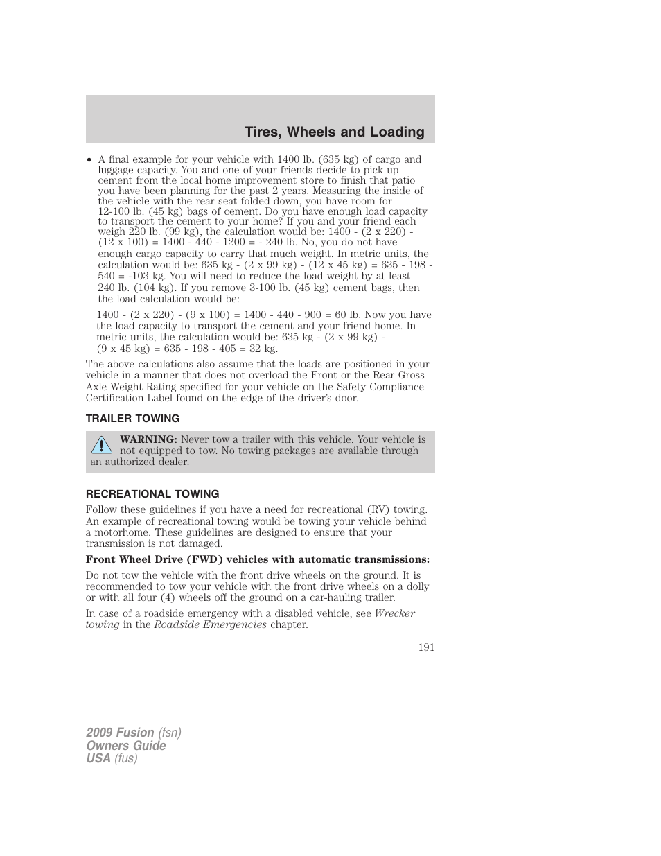 Trailer towing, Recreational towing, Tires, wheels and loading | FORD 2009 Fusion v.1 User Manual | Page 191 / 312