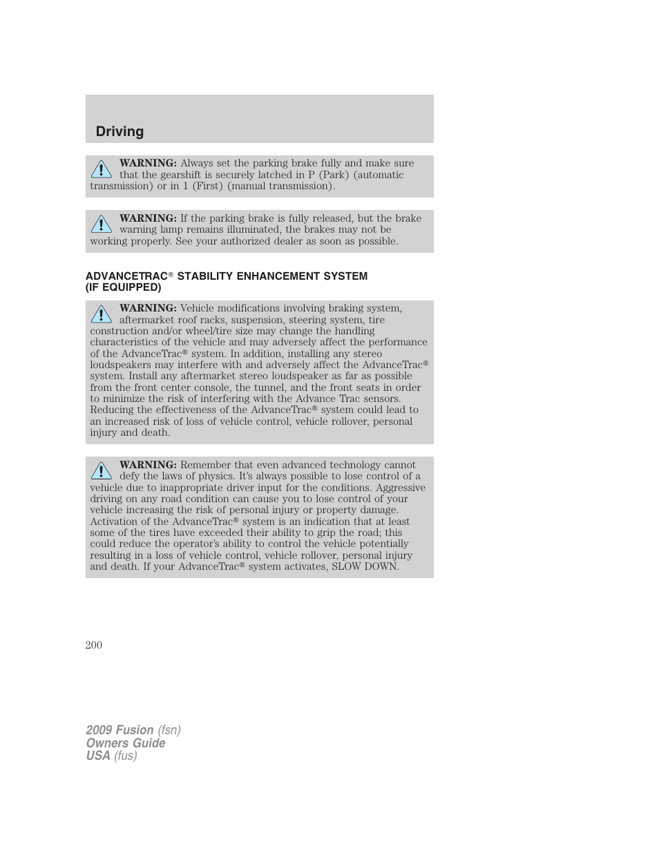 Advancetrac, Driving | FORD 2009 Fusion v.1 User Manual | Page 200 / 312