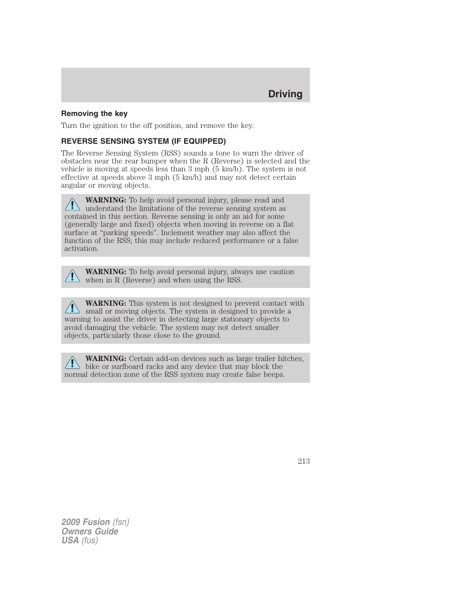 Removing the key, Reverse sensing system (if equipped), Reverse sensing system | Driving | FORD 2009 Fusion v.1 User Manual | Page 213 / 312