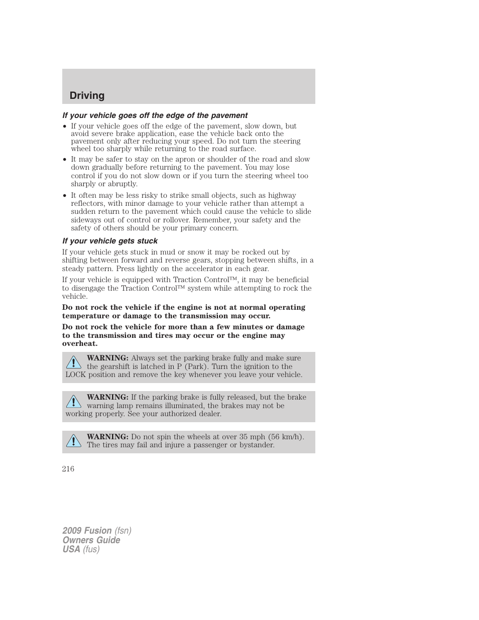 If your vehicle goes off the edge of the pavement, If your vehicle gets stuck, Driving | FORD 2009 Fusion v.1 User Manual | Page 216 / 312