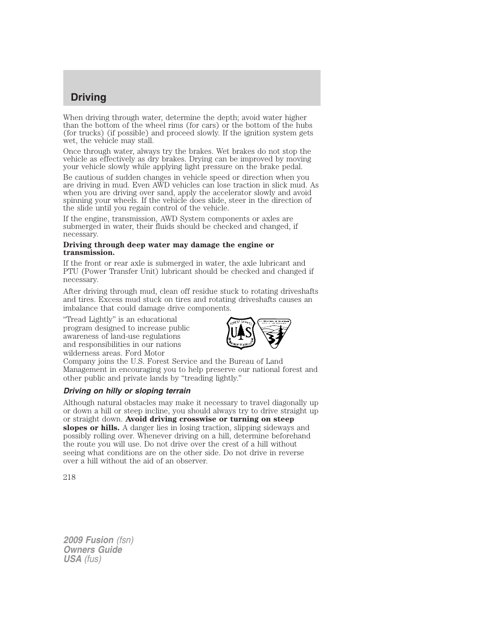 Driving on hilly or sloping terrain, Driving | FORD 2009 Fusion v.1 User Manual | Page 218 / 312