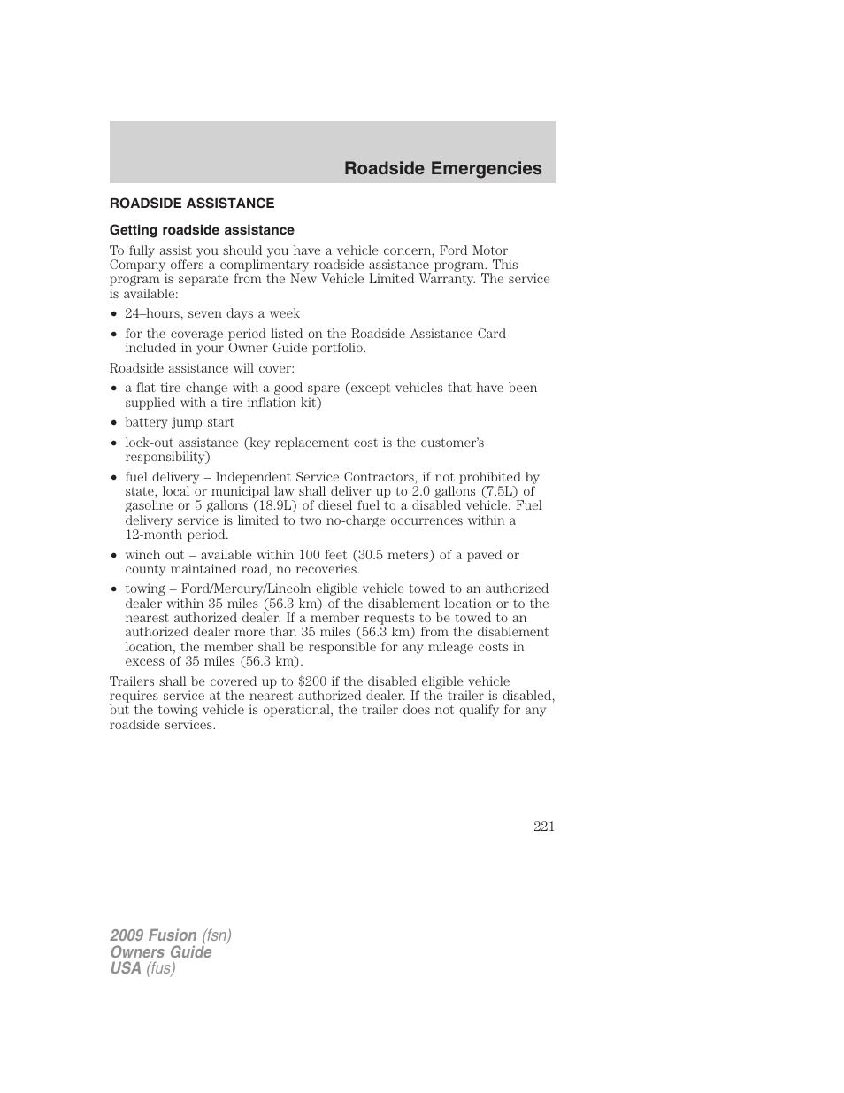 Roadside emergencies, Roadside assistance, Getting roadside assistance | FORD 2009 Fusion v.1 User Manual | Page 221 / 312