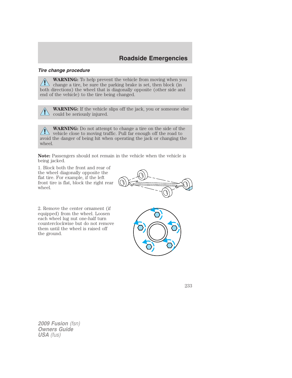 Tire change procedure, Roadside emergencies | FORD 2009 Fusion v.1 User Manual | Page 233 / 312