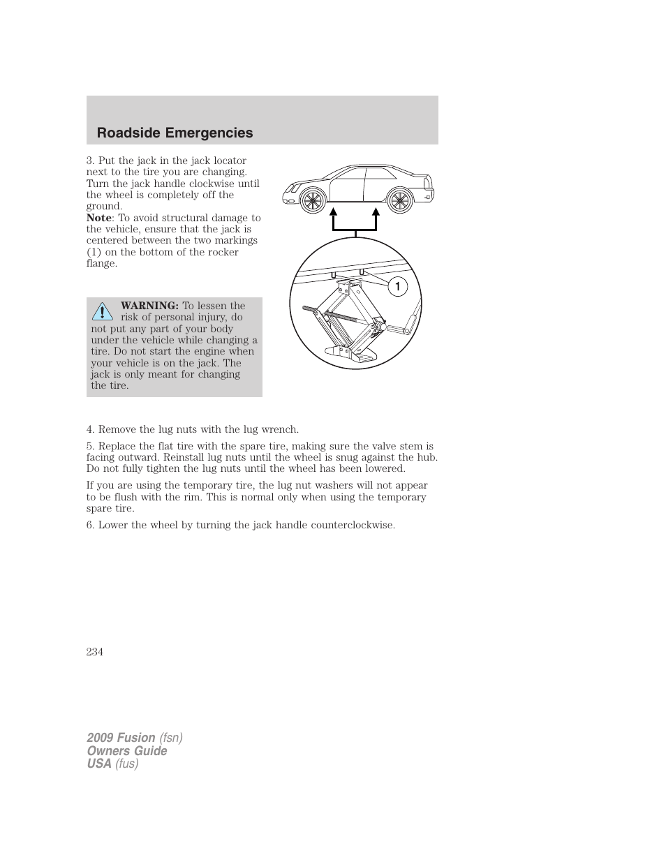 Roadside emergencies | FORD 2009 Fusion v.1 User Manual | Page 234 / 312