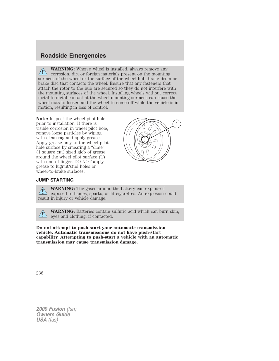 Jump starting, Roadside emergencies | FORD 2009 Fusion v.1 User Manual | Page 236 / 312