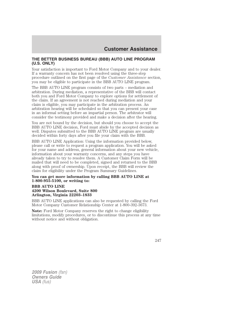 Customer assistance | FORD 2009 Fusion v.1 User Manual | Page 247 / 312