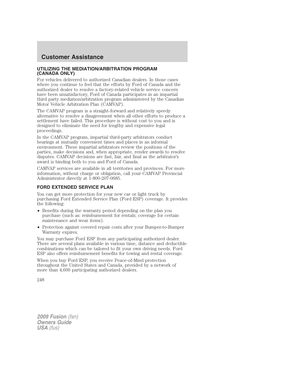 Ford extended service plan, Customer assistance | FORD 2009 Fusion v.1 User Manual | Page 248 / 312