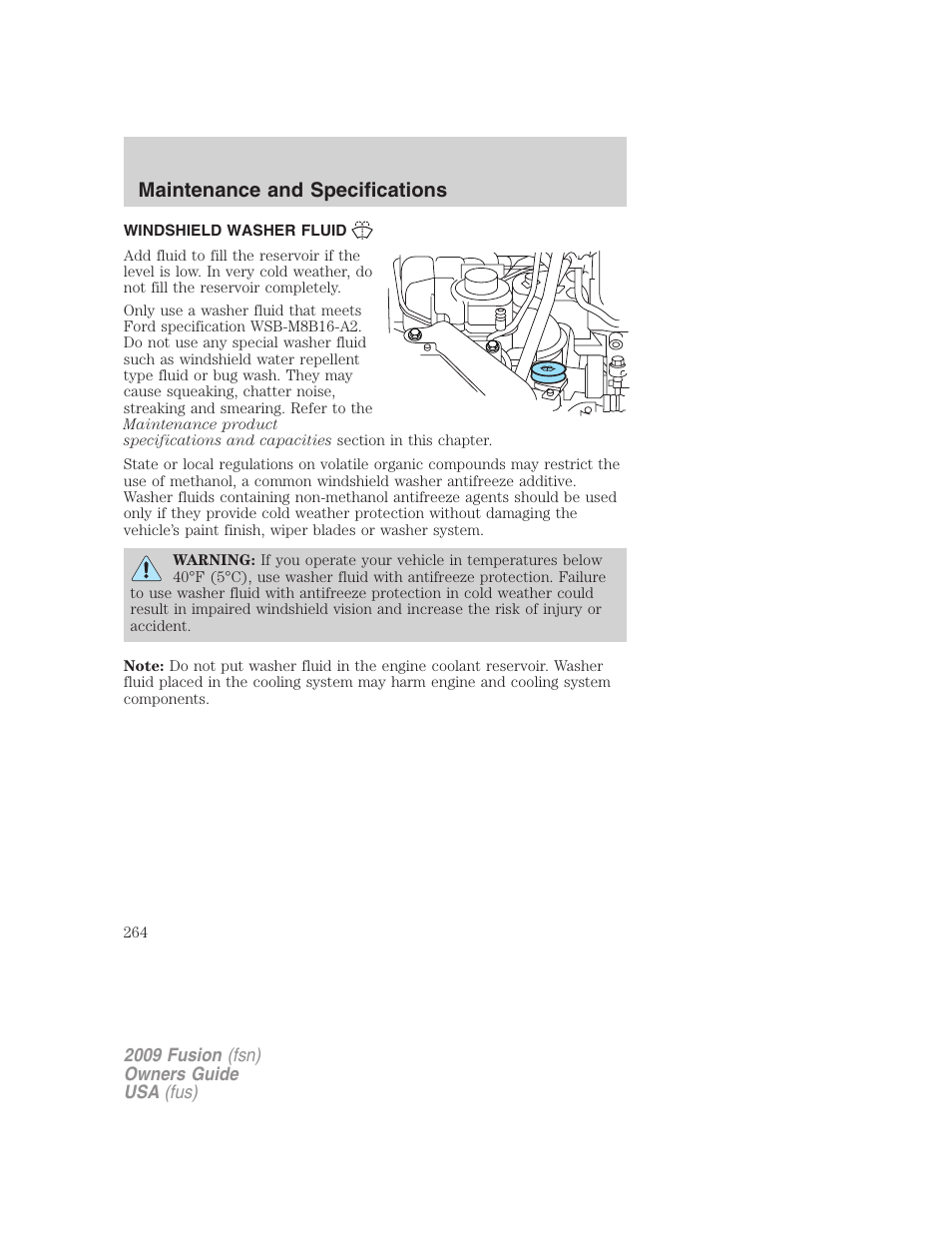 Windshield washer fluid, Maintenance and specifications | FORD 2009 Fusion v.1 User Manual | Page 264 / 312