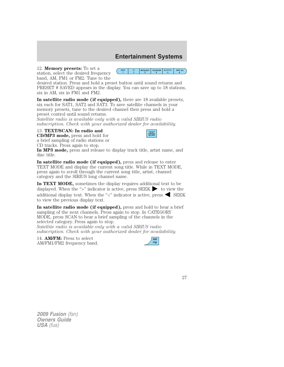 Entertainment systems | FORD 2009 Fusion v.1 User Manual | Page 27 / 312