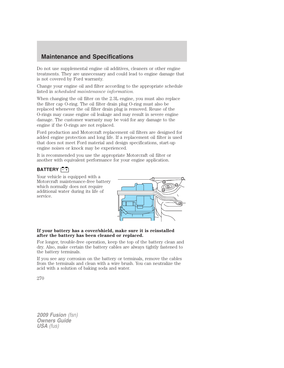 Battery, Maintenance and specifications | FORD 2009 Fusion v.1 User Manual | Page 270 / 312