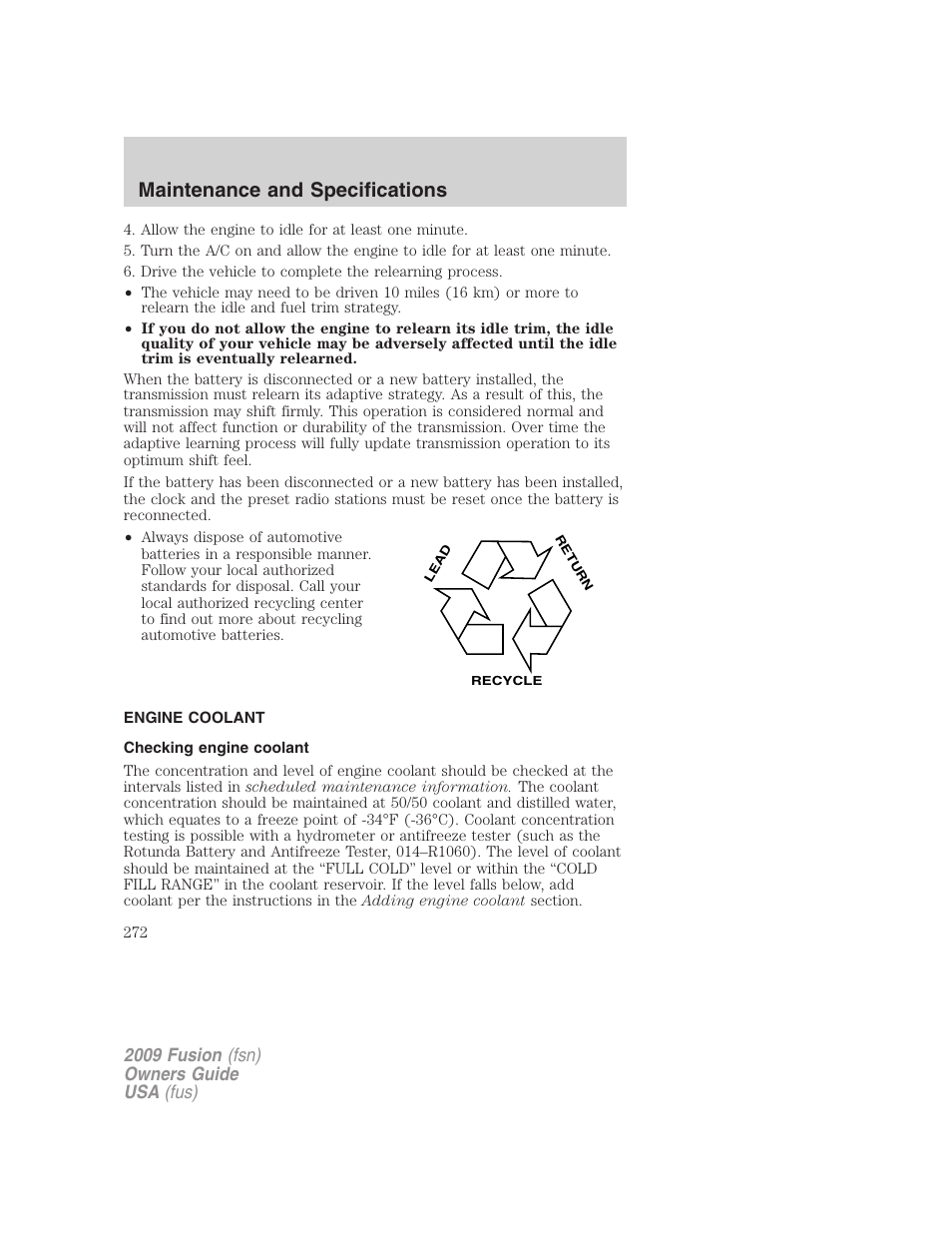 Engine coolant, Checking engine coolant, Maintenance and specifications | FORD 2009 Fusion v.1 User Manual | Page 272 / 312